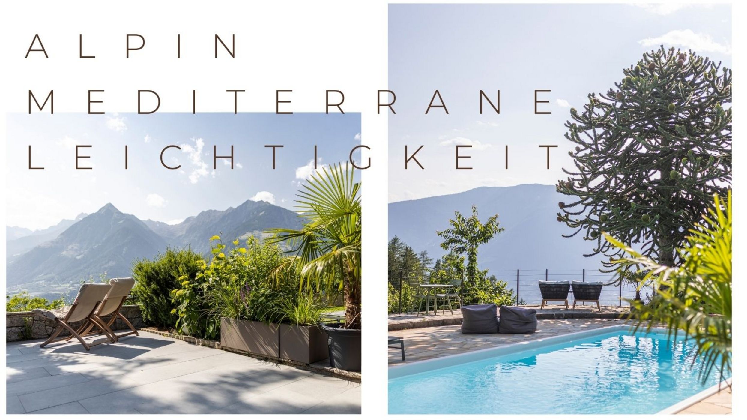 Vista di un giardino con piscina, piante e sedie a sdraio con montagne sullo sfondo.